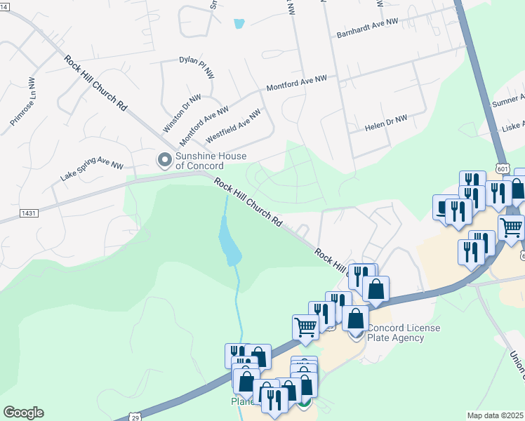 map of restaurants, bars, coffee shops, grocery stores, and more near 2750 Rock Hill Church Road in Concord