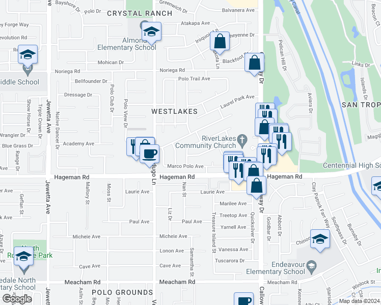 map of restaurants, bars, coffee shops, grocery stores, and more near 4322 Fairmount Park Drive in Bakersfield