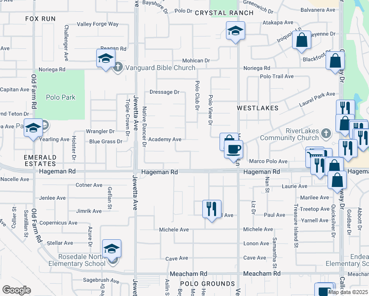 map of restaurants, bars, coffee shops, grocery stores, and more near 10908 Royal Ascot Avenue in Bakersfield