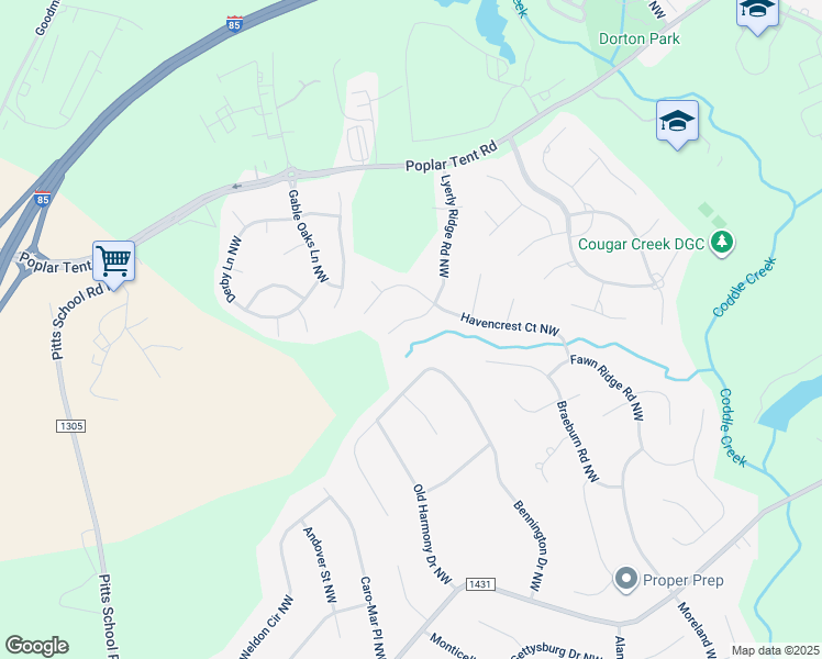 map of restaurants, bars, coffee shops, grocery stores, and more near 1029 Lyerly Ridge Road Northwest in Concord