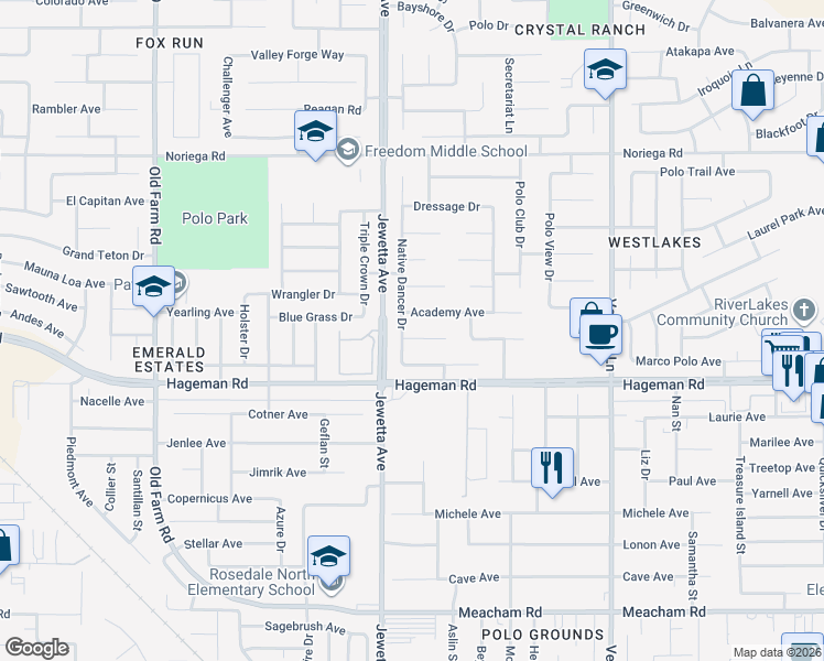 map of restaurants, bars, coffee shops, grocery stores, and more near 11123 Academy Avenue in Bakersfield