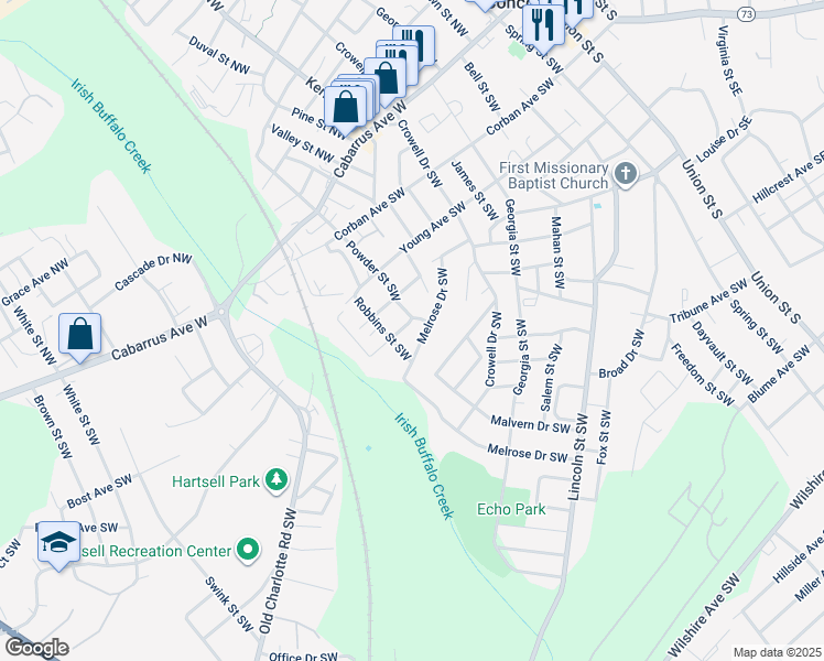 map of restaurants, bars, coffee shops, grocery stores, and more near 144 Powder Street Southwest in Concord