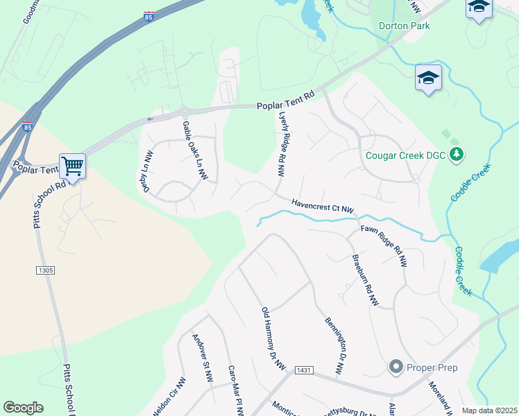 map of restaurants, bars, coffee shops, grocery stores, and more near 1029 Lyerly Ridge Road Northwest in Concord