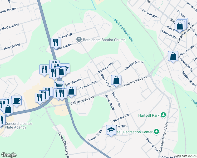 map of restaurants, bars, coffee shops, grocery stores, and more near 82 Eden Street Northwest in Concord