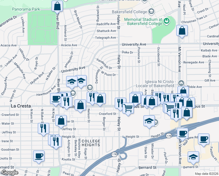 map of restaurants, bars, coffee shops, grocery stores, and more near 2915 Berger Street in Bakersfield