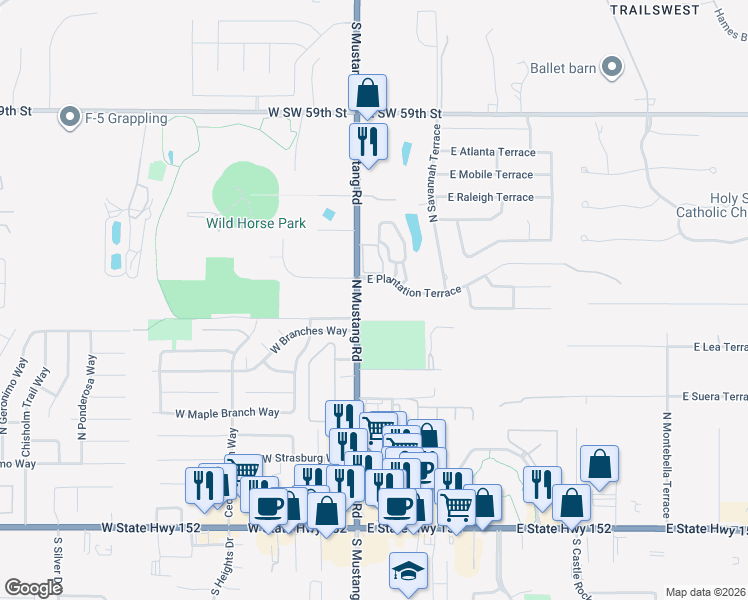 map of restaurants, bars, coffee shops, grocery stores, and more near 928 North Mustang Road in Mustang