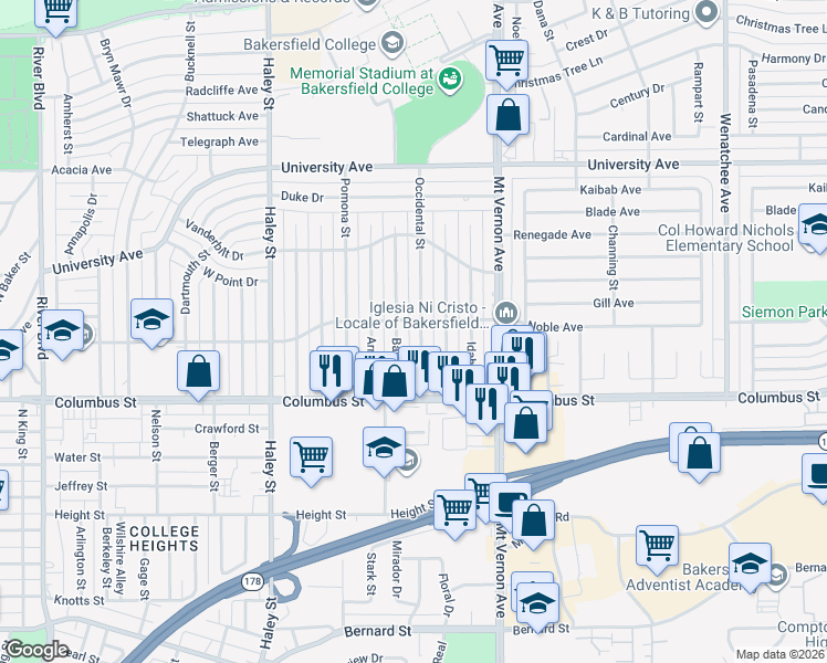 map of restaurants, bars, coffee shops, grocery stores, and more near 2824 Occidental Street in Bakersfield