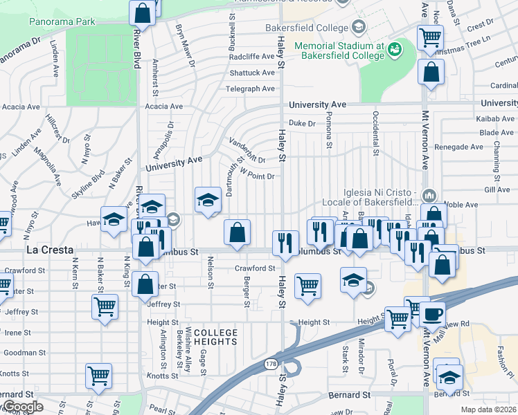 map of restaurants, bars, coffee shops, grocery stores, and more near 2915 Berger Street in Bakersfield