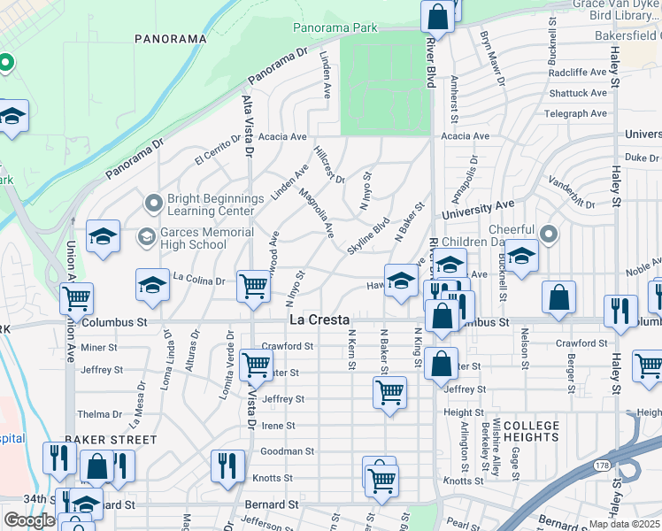map of restaurants, bars, coffee shops, grocery stores, and more near 2861 North Inyo Street in Bakersfield