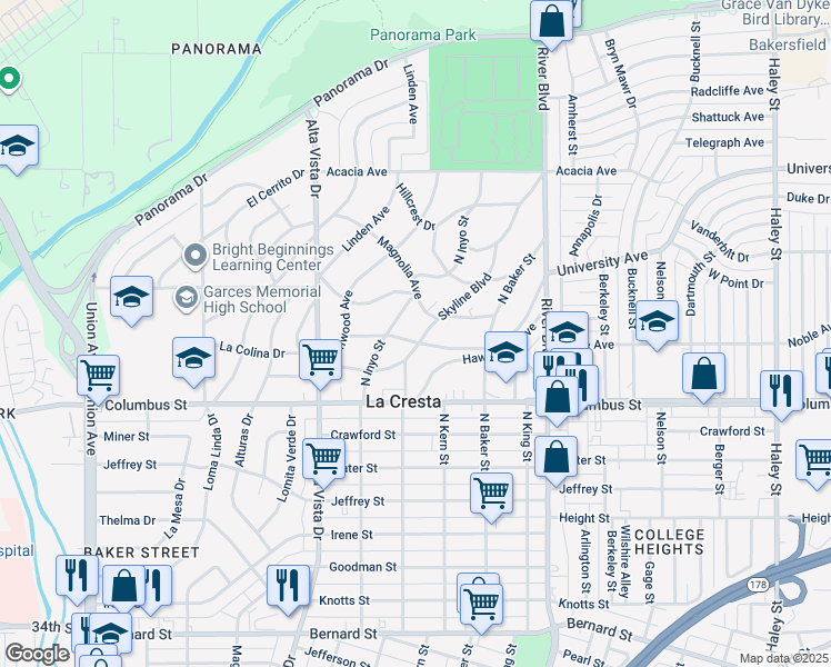 map of restaurants, bars, coffee shops, grocery stores, and more near 2861 North Inyo Street in Bakersfield