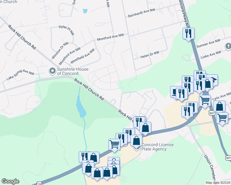 map of restaurants, bars, coffee shops, grocery stores, and more near 1210 Cavalier Court Northwest in Concord