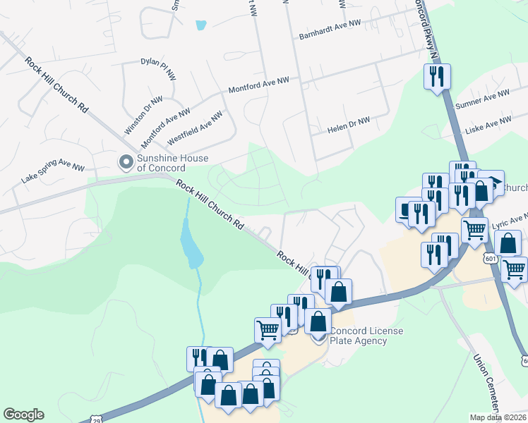 map of restaurants, bars, coffee shops, grocery stores, and more near 1210 Cavalier Court Northwest in Concord