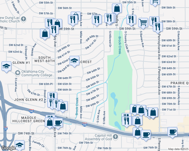 map of restaurants, bars, coffee shops, grocery stores, and more near 2513 Southwest 65th Street in Oklahoma City
