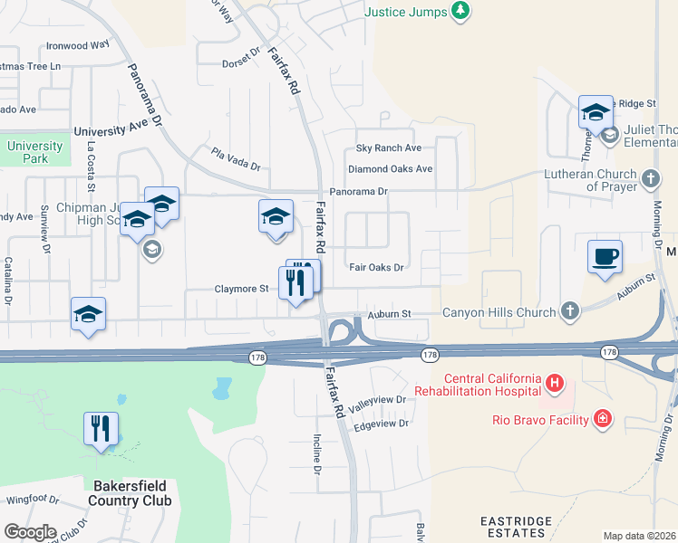 map of restaurants, bars, coffee shops, grocery stores, and more near 2900 Oak Tree Avenue in Bakersfield