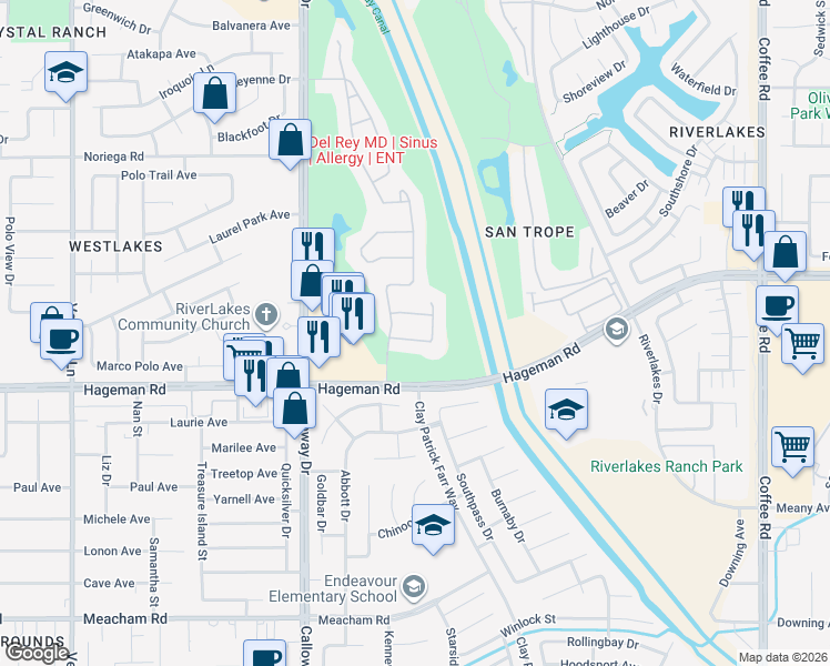 map of restaurants, bars, coffee shops, grocery stores, and more near 9305 Shandin Hills Lane in Bakersfield