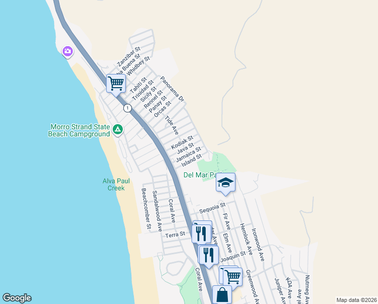 map of restaurants, bars, coffee shops, grocery stores, and more near 410 Java Street in Morro Bay