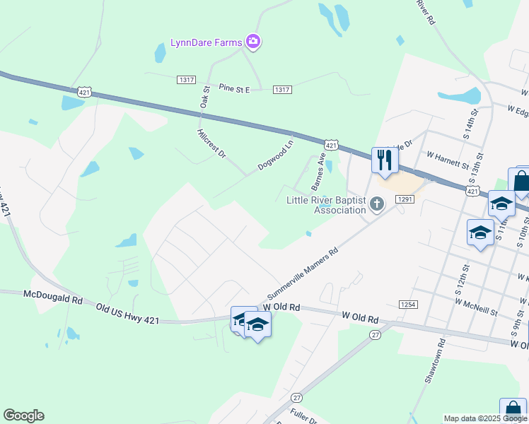 map of restaurants, bars, coffee shops, grocery stores, and more near 305 Barnes Avenue in Lillington