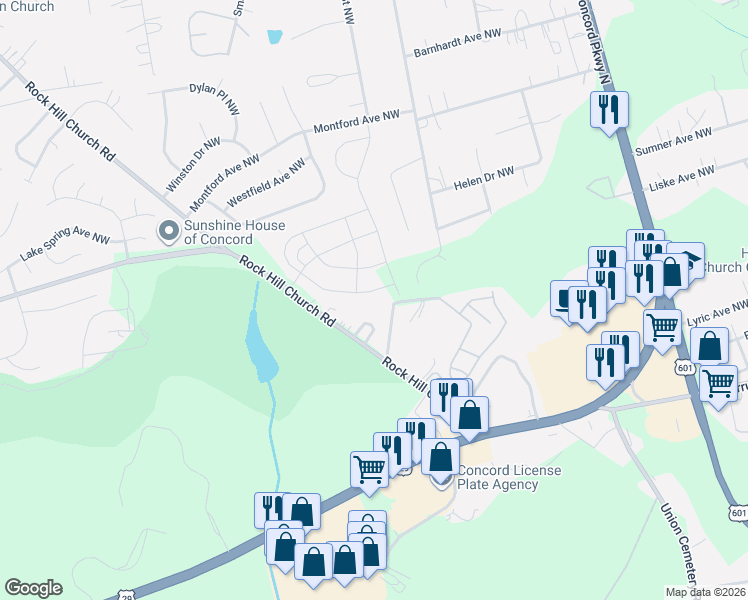 map of restaurants, bars, coffee shops, grocery stores, and more near 1210 Cavalier Court Northwest in Concord