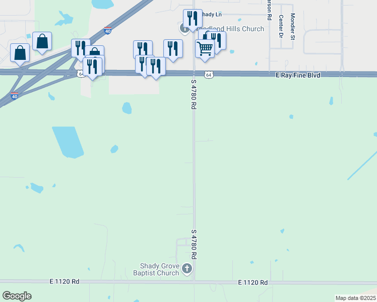 map of restaurants, bars, coffee shops, grocery stores, and more near 111358 South 4780 Road in Roland