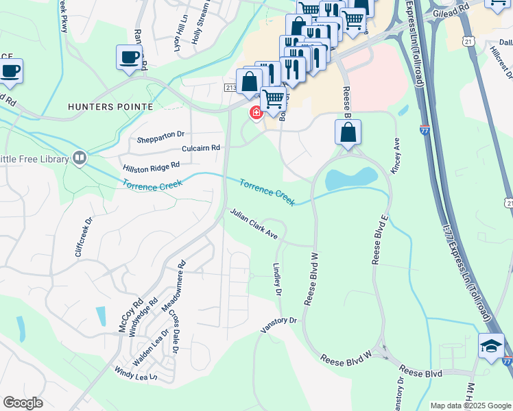 map of restaurants, bars, coffee shops, grocery stores, and more near 13924 Professional Center Drive in Huntersville