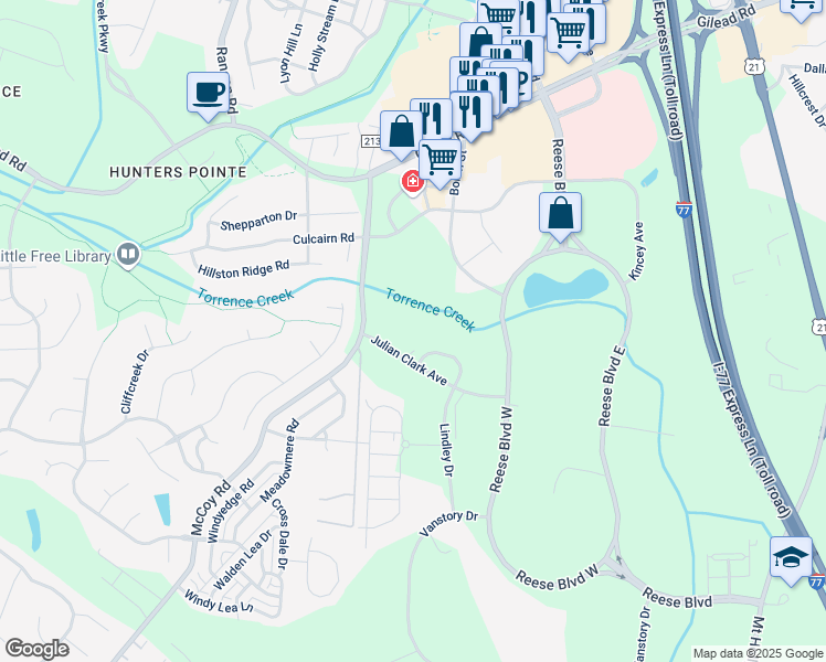 map of restaurants, bars, coffee shops, grocery stores, and more near 13924 Professional Center Drive in Huntersville