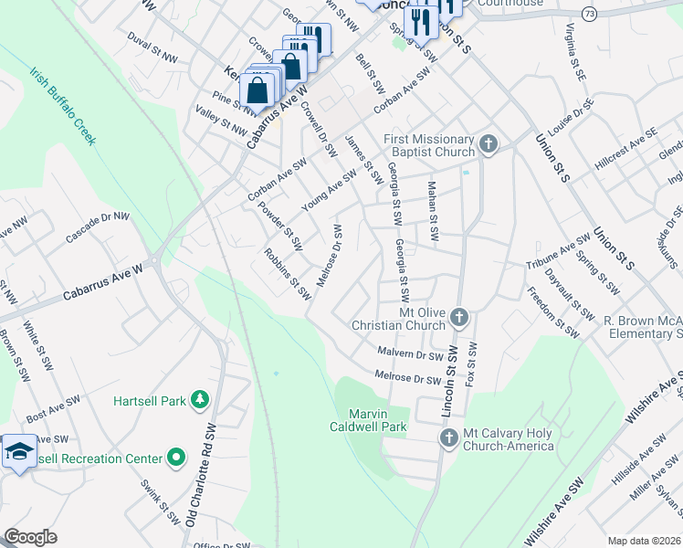 map of restaurants, bars, coffee shops, grocery stores, and more near 228 Kluttz Court Southwest in Concord