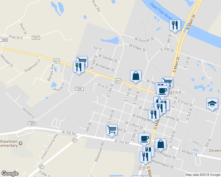 map of restaurants, bars, coffee shops, grocery stores, and more near 600 West Ivy Street in Lillington
