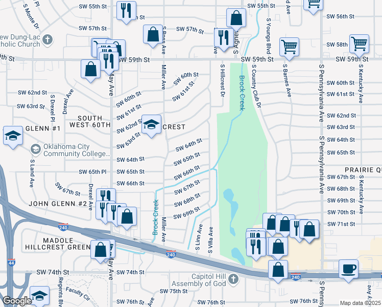 map of restaurants, bars, coffee shops, grocery stores, and more near 2513 Southwest 65th Street in Oklahoma City