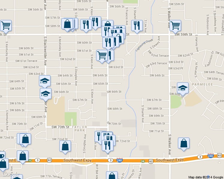 map of restaurants, bars, coffee shops, grocery stores, and more near 6616 South Western Avenue in Oklahoma City
