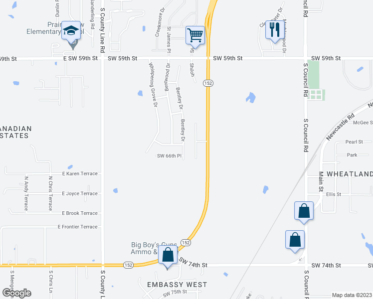 map of restaurants, bars, coffee shops, grocery stores, and more near 6604 Bentley Drive in Oklahoma City