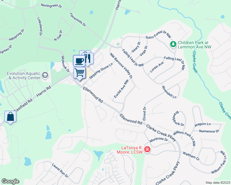 map of restaurants, bars, coffee shops, grocery stores, and more near 10644 Euclid Avenue Northwest in Concord