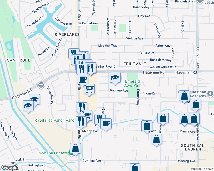 map of restaurants, bars, coffee shops, grocery stores, and more near 7701 Palodura Court in Bakersfield