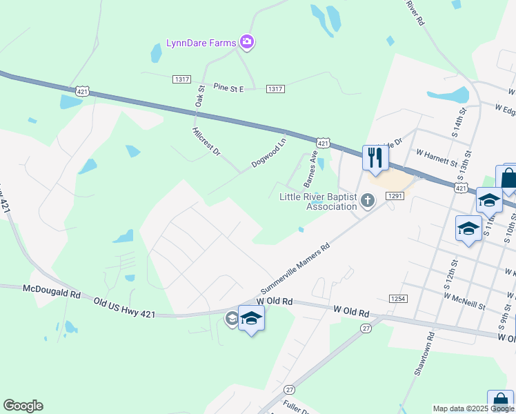 map of restaurants, bars, coffee shops, grocery stores, and more near 305 Barnes Avenue in Lillington