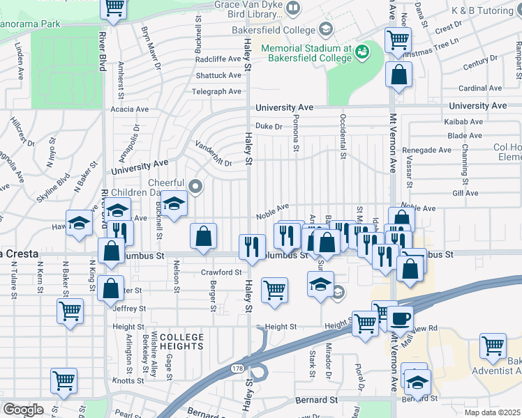 map of restaurants, bars, coffee shops, grocery stores, and more near 2904 Cornell Street in Bakersfield