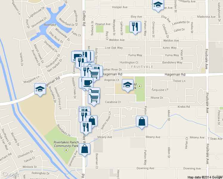 map of restaurants, bars, coffee shops, grocery stores, and more near 7701 Palodura Court in Bakersfield
