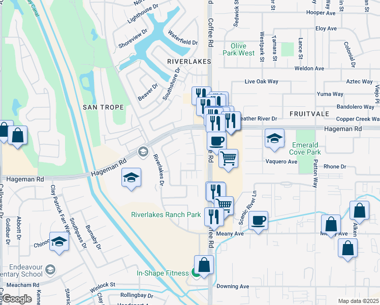 map of restaurants, bars, coffee shops, grocery stores, and more near 4405 Pebble Creek Drive in Bakersfield