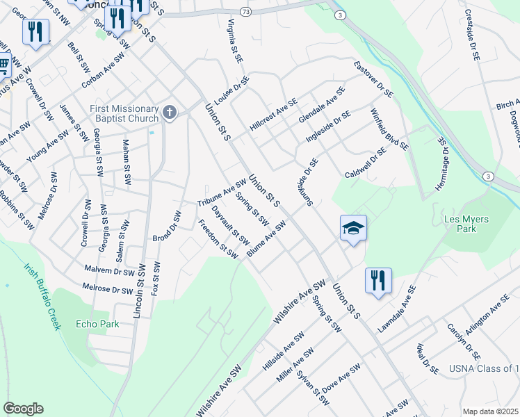 map of restaurants, bars, coffee shops, grocery stores, and more near 383 Spring Street Southwest in Concord