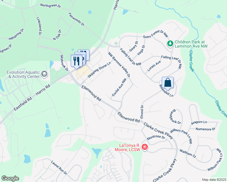 map of restaurants, bars, coffee shops, grocery stores, and more near 10644 Euclid Avenue Northwest in Concord