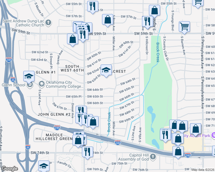 map of restaurants, bars, coffee shops, grocery stores, and more near 2709 Southwest 64th Street in Oklahoma City