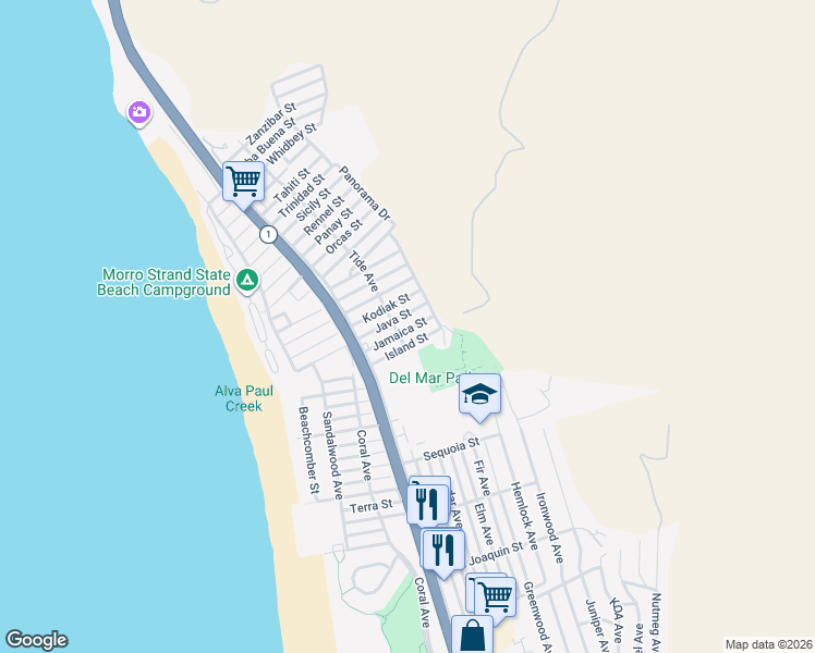 map of restaurants, bars, coffee shops, grocery stores, and more near 410 Java Street in Morro Bay
