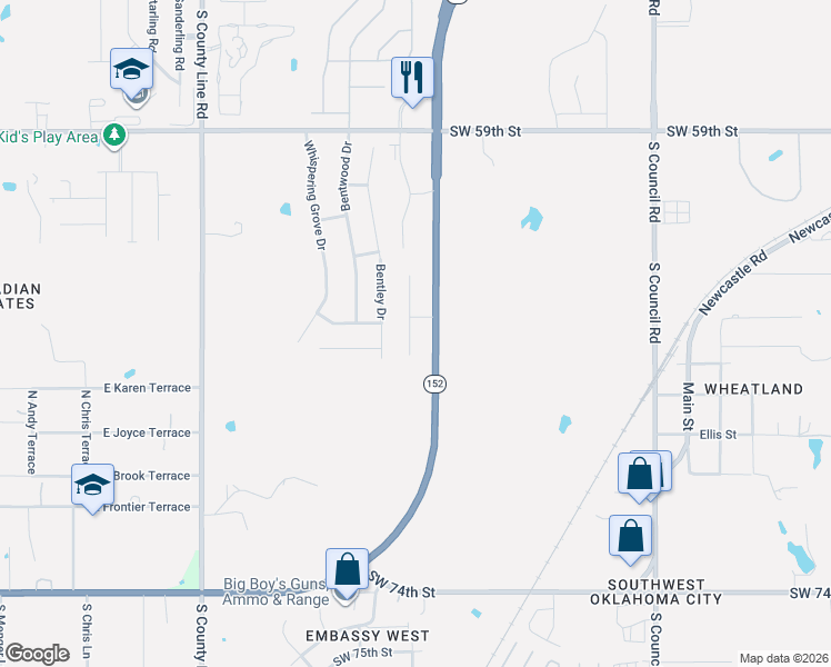 map of restaurants, bars, coffee shops, grocery stores, and more near 6529 Bent Wood Villas Drive in Oklahoma City