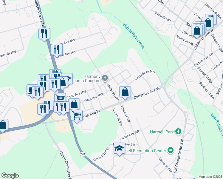map of restaurants, bars, coffee shops, grocery stores, and more near 80 White Street Northwest in Concord