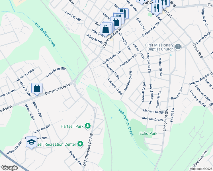 map of restaurants, bars, coffee shops, grocery stores, and more near 94 Glen Rae Street Southwest in Concord