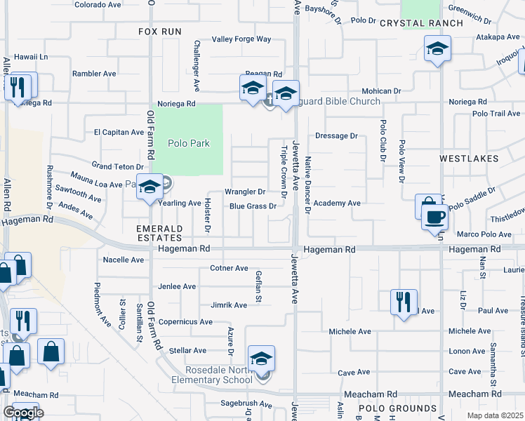 map of restaurants, bars, coffee shops, grocery stores, and more near 11433 Blue Grass Drive in Bakersfield