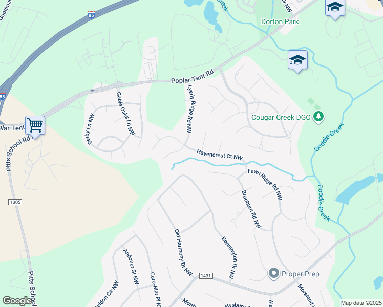 map of restaurants, bars, coffee shops, grocery stores, and more near 5950 Havencrest Court Northwest in Concord