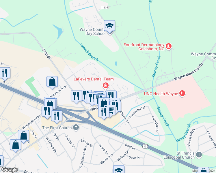 map of restaurants, bars, coffee shops, grocery stores, and more near West Lockhaven Drive in Goldsboro
