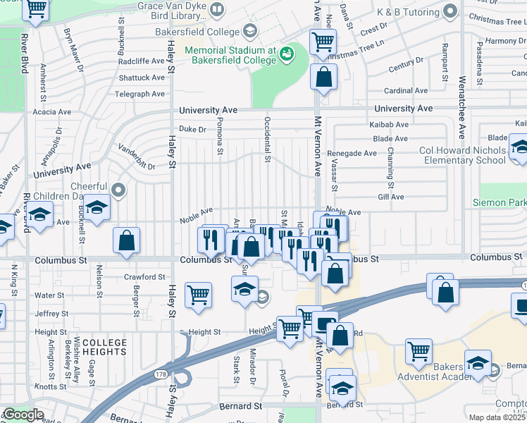 map of restaurants, bars, coffee shops, grocery stores, and more near 2824 Occidental Street in Bakersfield