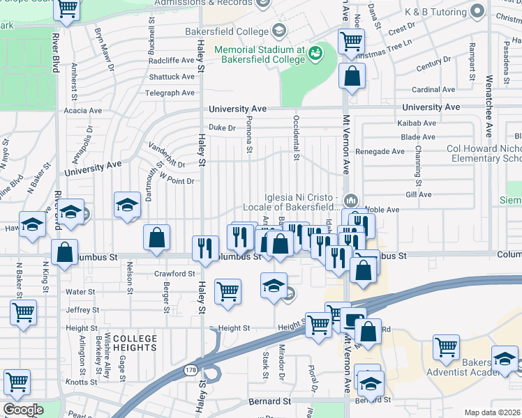 map of restaurants, bars, coffee shops, grocery stores, and more near 2824 Arnold Street in Bakersfield