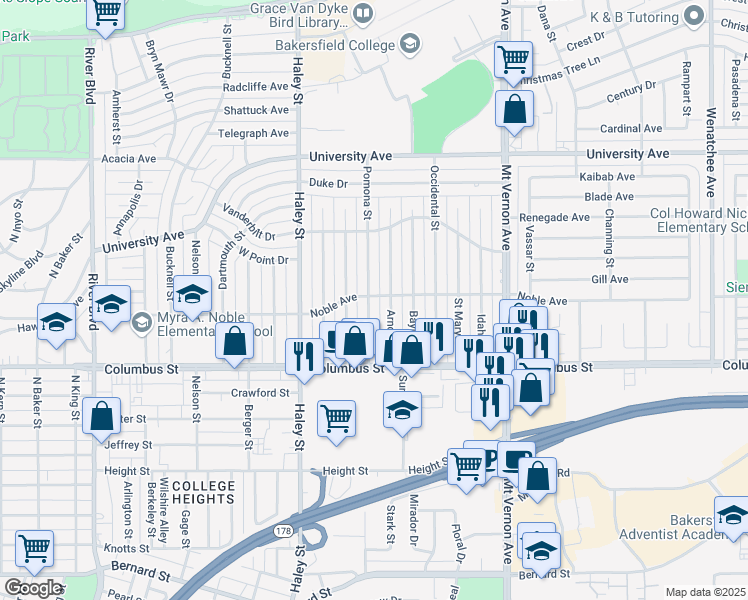 map of restaurants, bars, coffee shops, grocery stores, and more near 2825 Pomona Street in Bakersfield