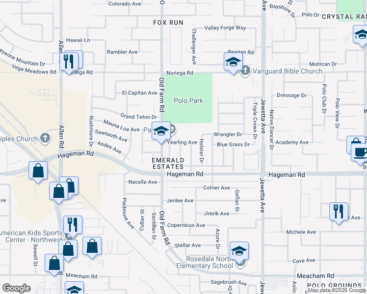 map of restaurants, bars, coffee shops, grocery stores, and more near 4335 Bareback Lane in Bakersfield